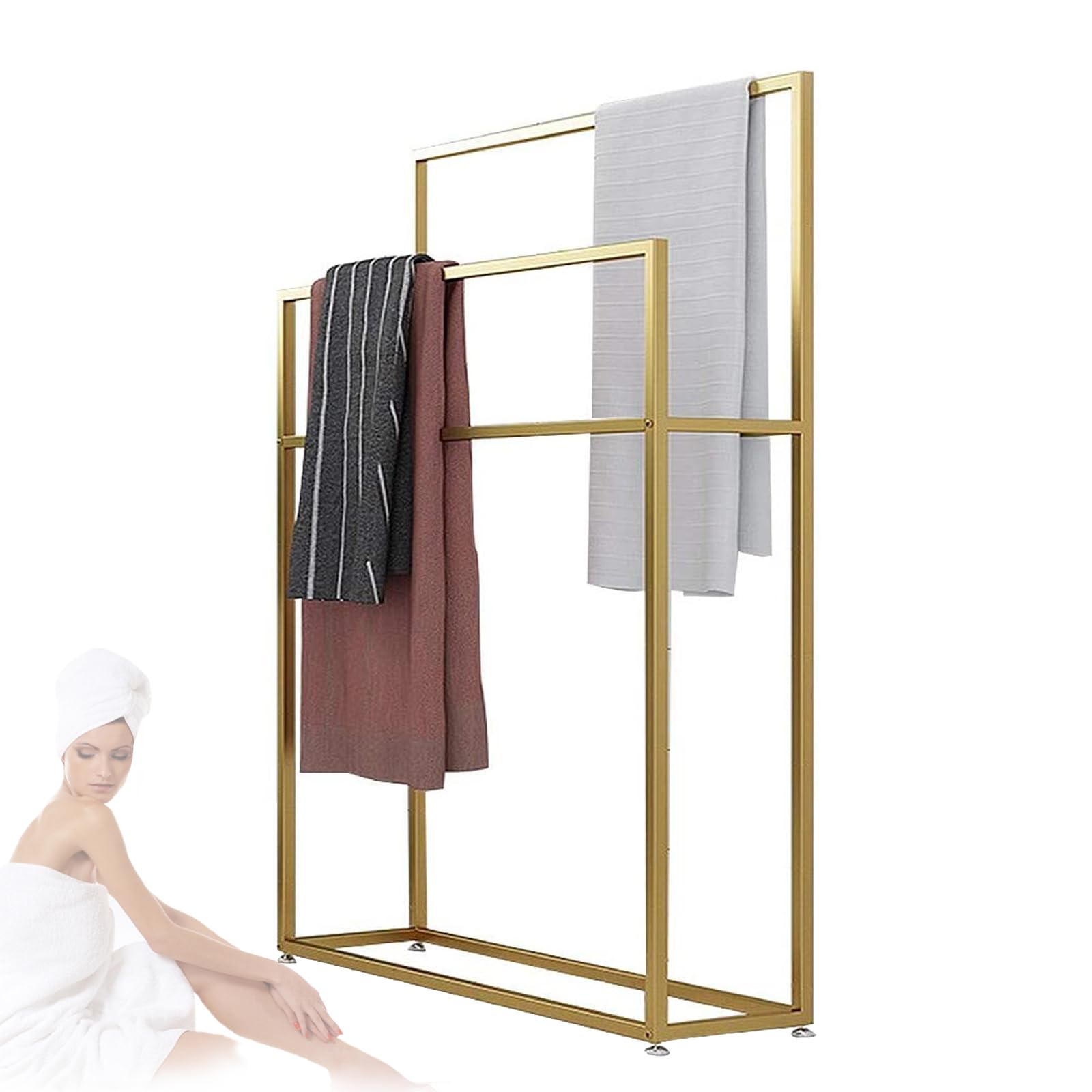 Gold Towel Holder Stand for Bathroom Floor, Stand Alone Towel Hanger Bath Towel Rack 2 Arms Towel Bars, Metal Towel Shelf for Pool Area Outside Bedroom Kitchen Bathroom(Gold, 75 x 20 x 110 cm)