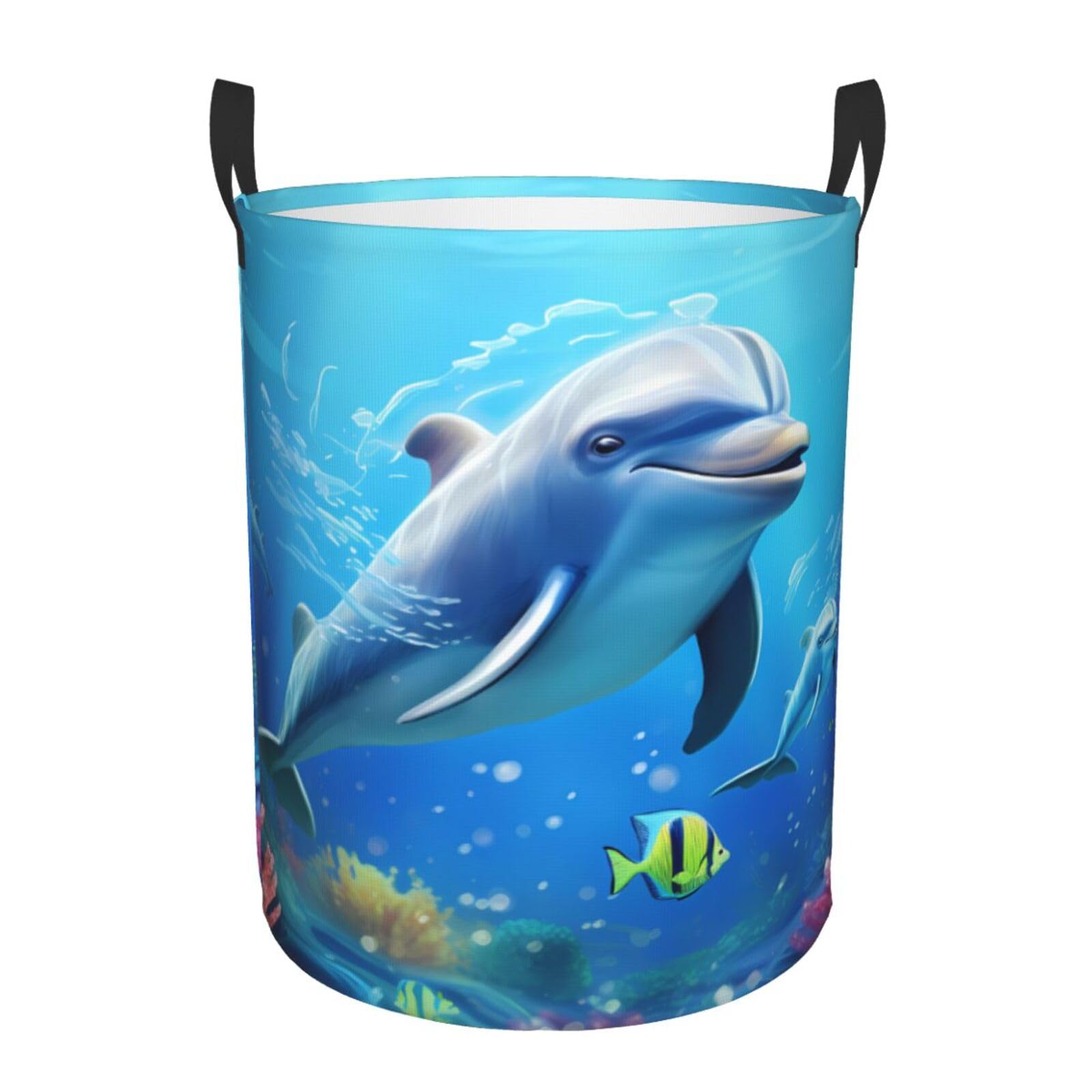 Cute Dolphin Printed Circular Hamper Laundry Basket For Bathroom Toy Storage Organizer Basket Collapsible Round With Handles Laundry Hamper