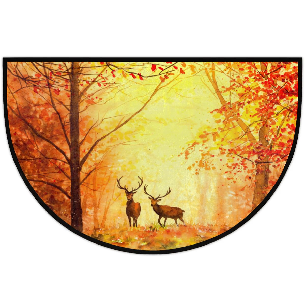 Half Round Door Mat Fall Deer Washable Half Circle Area Rugs Christmas Deer Non Slip Half Moon Rug Semi Circle Bathroom Rugs Floor Carpet for Kithen Bedroom Indoor Fireplace Decor