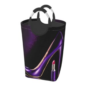 elegant purple high heels with lipstick printed laundry basket 50 l capacity laundry hamper collapsible water proofing dirty clothes basket for bathroom, laundry, bedroom