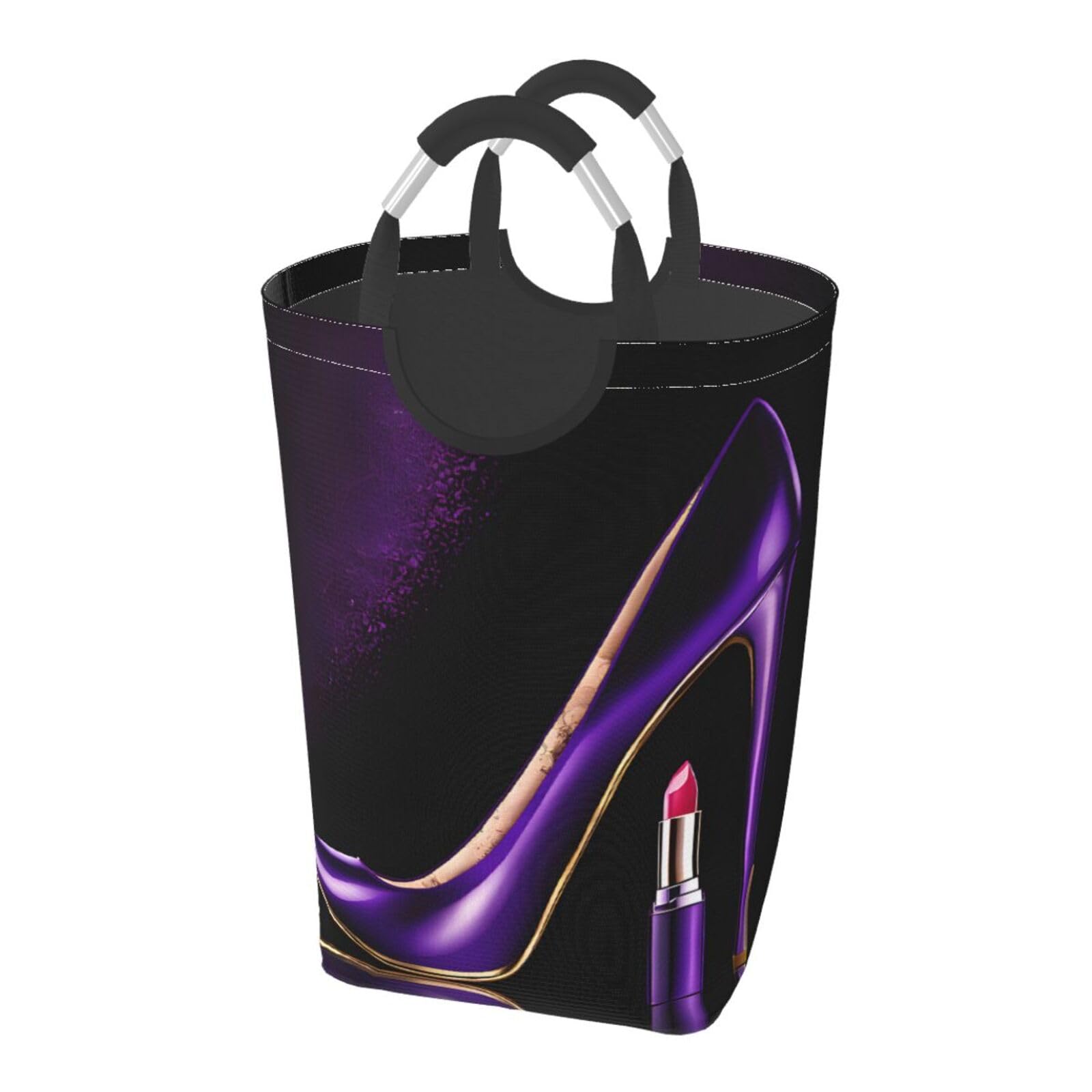 Elegant Purple High Heels With Lipstick Printed Laundry Basket 50 L Capacity Laundry Hamper Collapsible Water Proofing Dirty Clothes Basket For Bathroom, Laundry, Bedroom