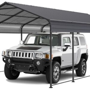 Metal Carport 12 x 20 FT Heavy Duty Outdoor Steel Large Rv Car Ports Canopy with Galvanized Metal Roof and Enhanced Base, Outdoor Garage Car Shelter for Cars, Boats, Trucks, Tractors, Gray