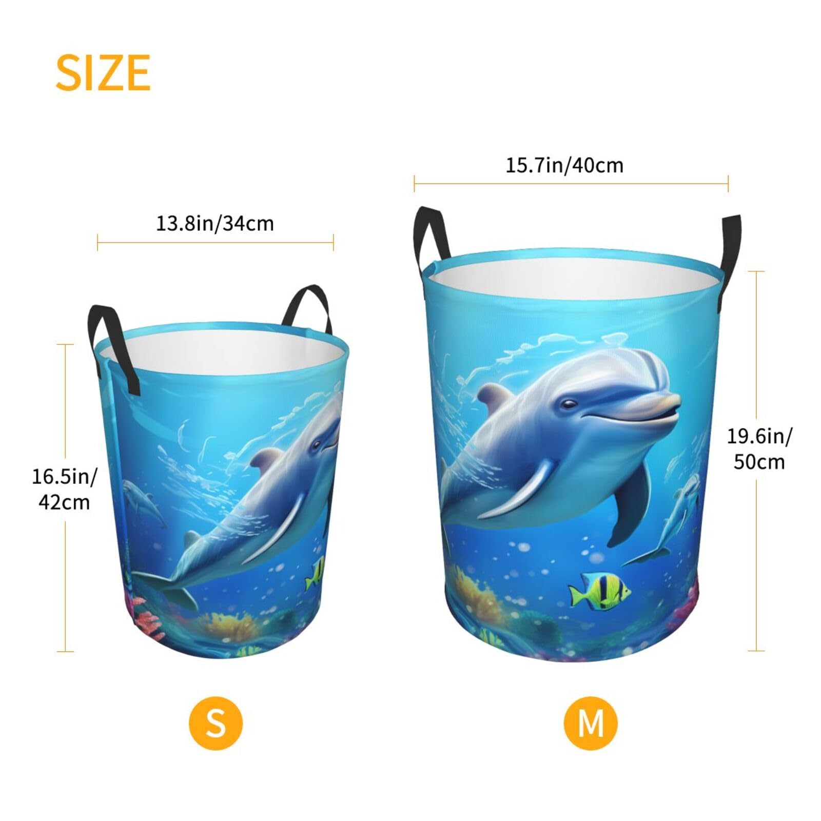 Cute Dolphin Printed Circular Hamper Laundry Basket For Bathroom Toy Storage Organizer Basket Collapsible Round With Handles Laundry Hamper