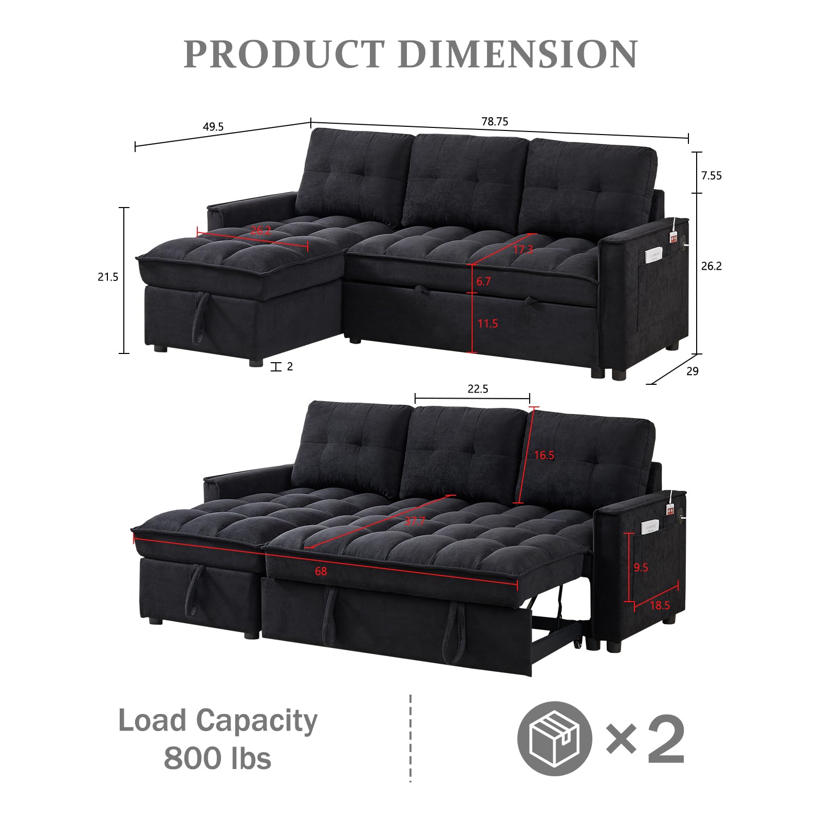 Firscook 78.75" Sleeper Sofa,Chenille Reclining Sofa, Pull Out Bed with Side Pocket and Charging Station,Sectional Sleeper Sofa with Storage Chaise, L-Shaped Sofa Couch Bed for Living Room, Black