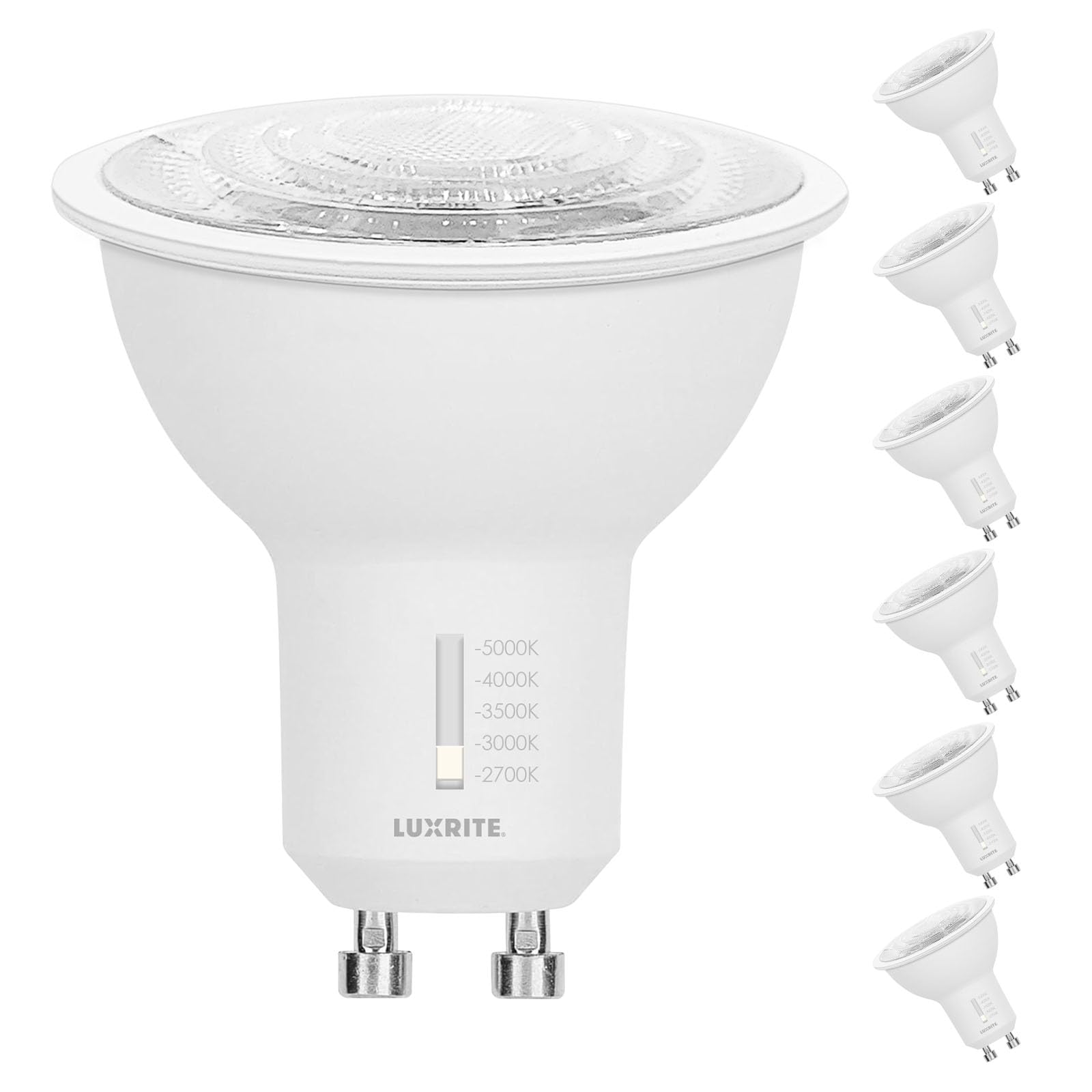 LUXRITE GU10 LED Bulbs Dimmable, 50W Halogen Equivalent, 5 Color Selectable 2700K-5000K, 6.5 Watt, 500 Lumens, 120V Spotlight LED Bulb GU10, Enclosed Fixture Rated (6 Pack)