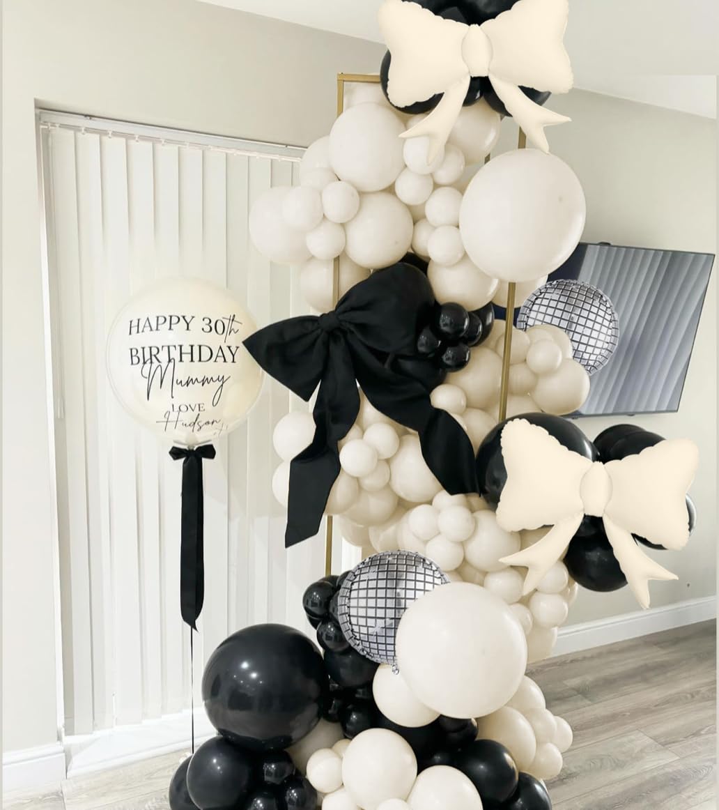 Bow Balloon Garland Arch Kit, 146 Pcs Black and White Bowtie Iridescent Disco Ball Foil Balloon for Birthday Anniversary Wedding Bridal Gender Reveal Supplies Bachelorette Tea Ribbon Party Decoration