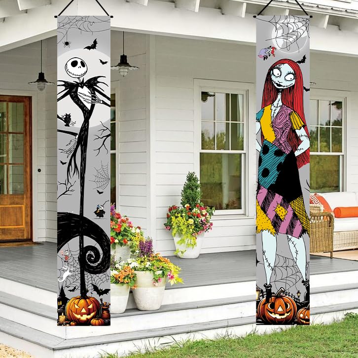 Jack Skellington Sally Banner Nightmare Before Christmas Halloween Decorations Porch Door Sign Welcome Banner Indoor Outdoor Wall Home Party Supplies