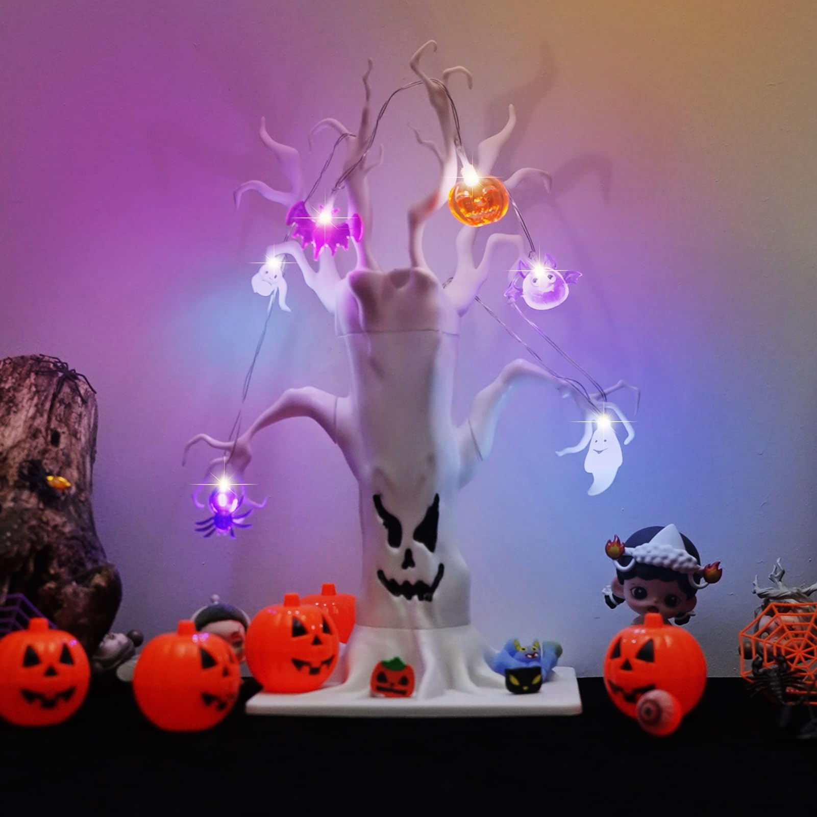 Halloween Tree Decorative Centerpiece with Spooky Ornaments, Halloween Lights with Skulls, Ghosts, Bats, Pumpkins, and Spiders at The top of The Tree, Suitable for Rooms, Tables, and Mantelpiece.