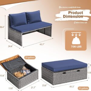 Devoko Patio Day Bed Outdoor Daybed Set Multifunctional Rattan Lounge Bed with 2 Side Tables for Backyard Porch Poolside Lawn Beach (Navy Blue)