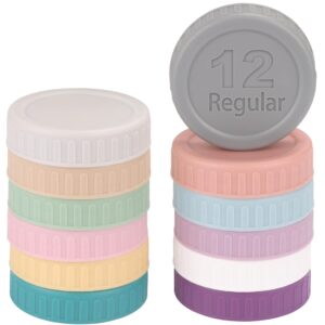 【12 piece】regular mouth mason jar lids, multi color plastic lids for mason jars with silicone rings for ball, kerr and more, thickened leak-proof canning lids regular mouth