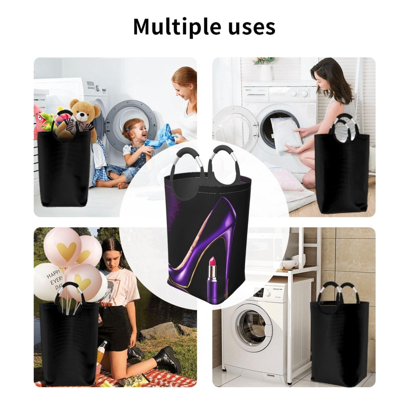 Elegant Purple High Heels With Lipstick Printed Laundry Basket 50 L Capacity Laundry Hamper Collapsible Water Proofing Dirty Clothes Basket For Bathroom, Laundry, Bedroom