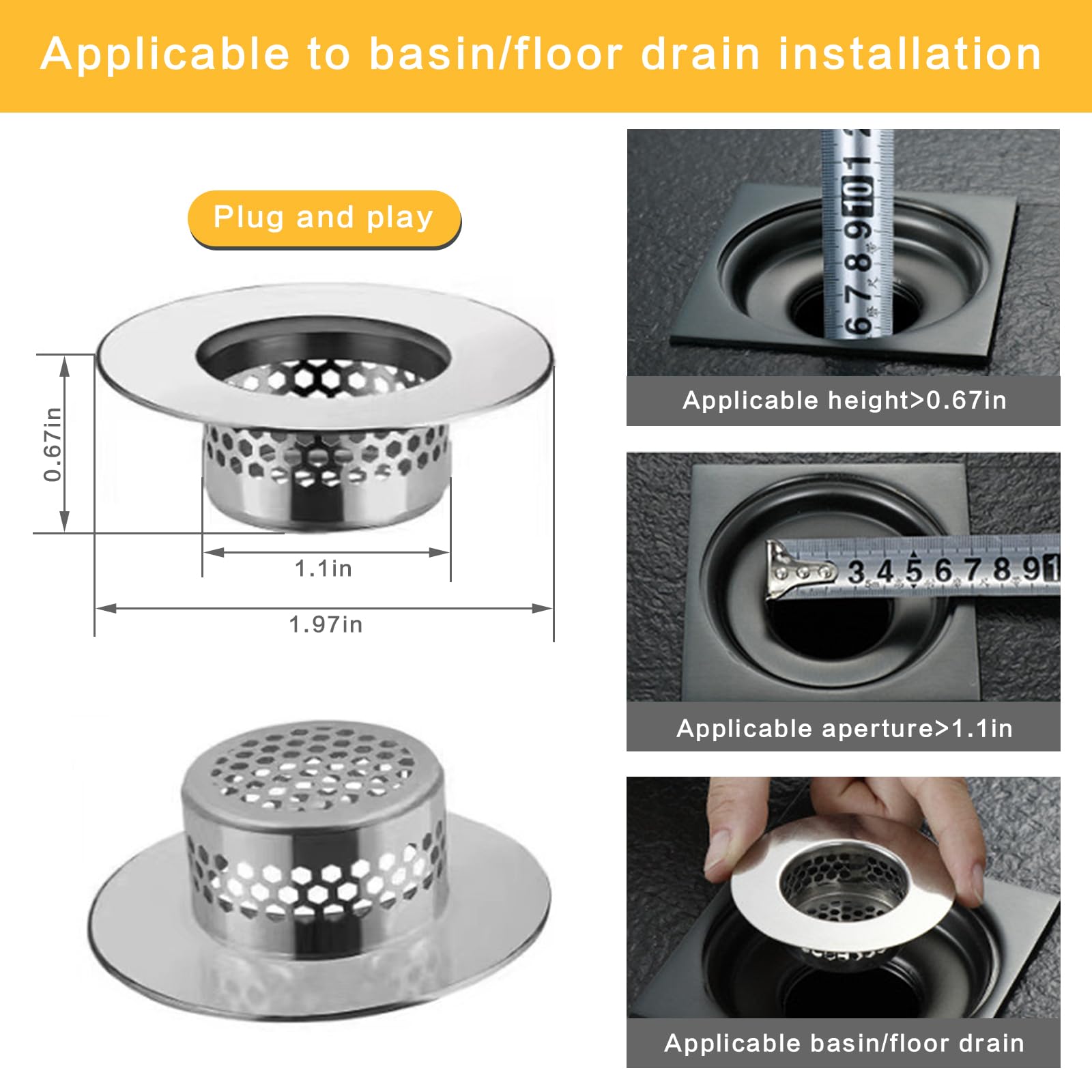 Bathroom Sink Drain Strainer, Stainless Steel Strainers for Kitchen and Bathtub Drain Hair Catcher, Fits Holes 1.25" to 1.60" - Durable Drain Filters for Sinks, Showers, and RVs(3-Pack)