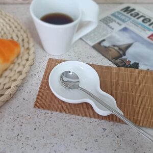 Coffee Spoon Rest for Coffee Bar Accessories, Small Spoon Rest for Coffee Station, Ceramic Tea Spoon Rest Tea Spoon Holder Teaspoon Rest (White, CAFE Pattern)