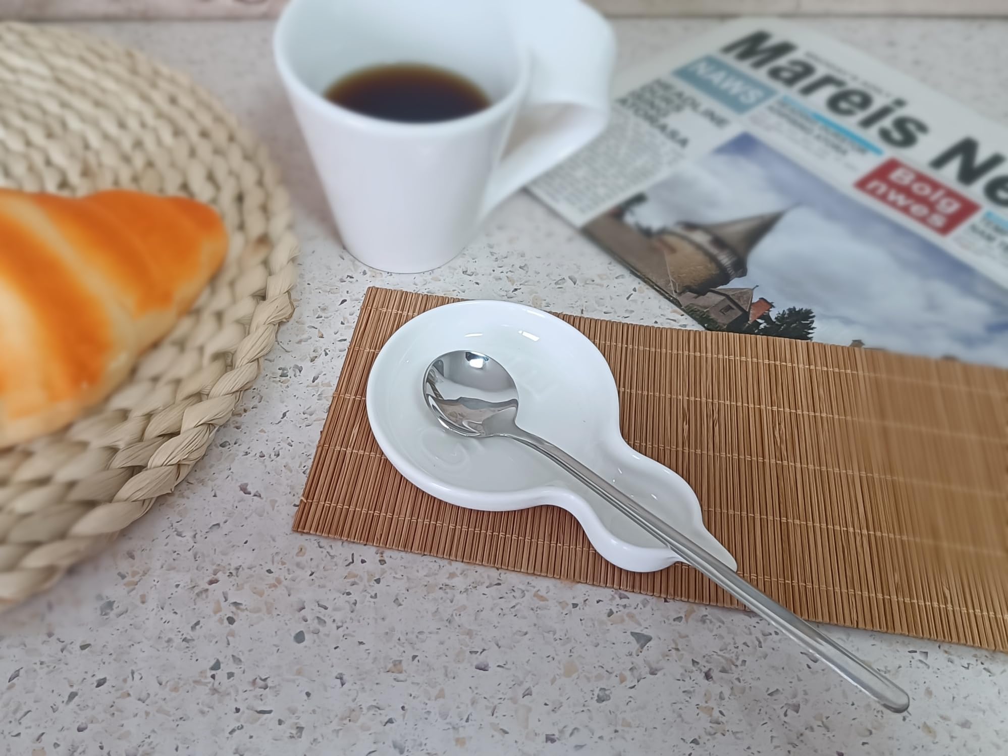 Coffee Spoon Rest for Coffee Bar Accessories, Small Spoon Rest for Coffee Station, Ceramic Tea Spoon Rest Tea Spoon Holder Teaspoon Rest (White, CAFE Pattern)