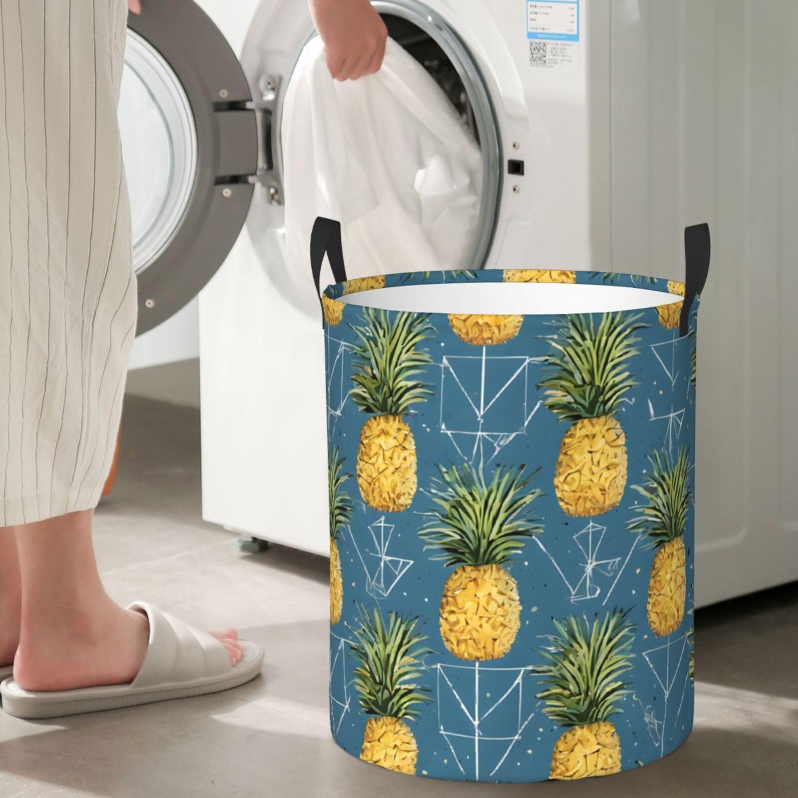 Gold Pineapple Background Printed Circular Hamper Laundry Basket For Bathroom Toy Storage Organizer Basket Collapsible Round With Handles Laundry Hamper