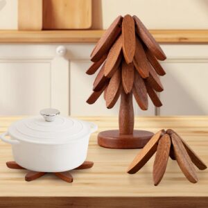 Vertdens Wooden Trivets for Hot Dishes， Tree Shape Trivet Set，Hot Dish Coaster with Tree-Shaped Wood Collapsible Hot Pad Trivet Tree for Restaurant，4 Wooden Trivet + 1 Stand（Walnut Wood）