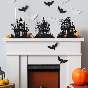 3Pcs Halloween Wooden Tabletop Centerpiece Decorations,Wooden Double-Sided Printing Silhouette Sketch Ghost House Decoration Ornaments,Halloween Desk Tiered Tray Decor for Indoor Home Kitchen Party