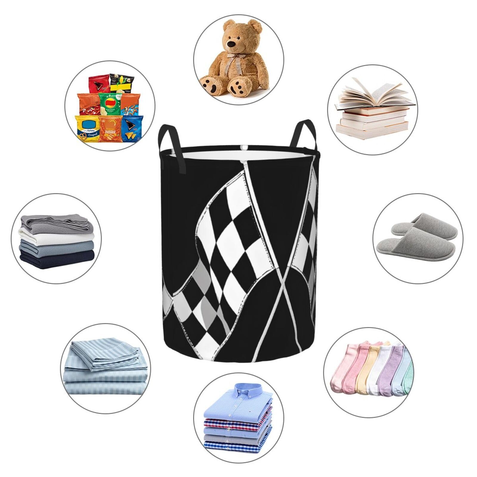 Black White Formula Checkered Flags Pattern Printed Circular Hamper Laundry Basket For Bathroom Toy Storage Organizer Basket Collapsible Round With Handles Laundry Hamper