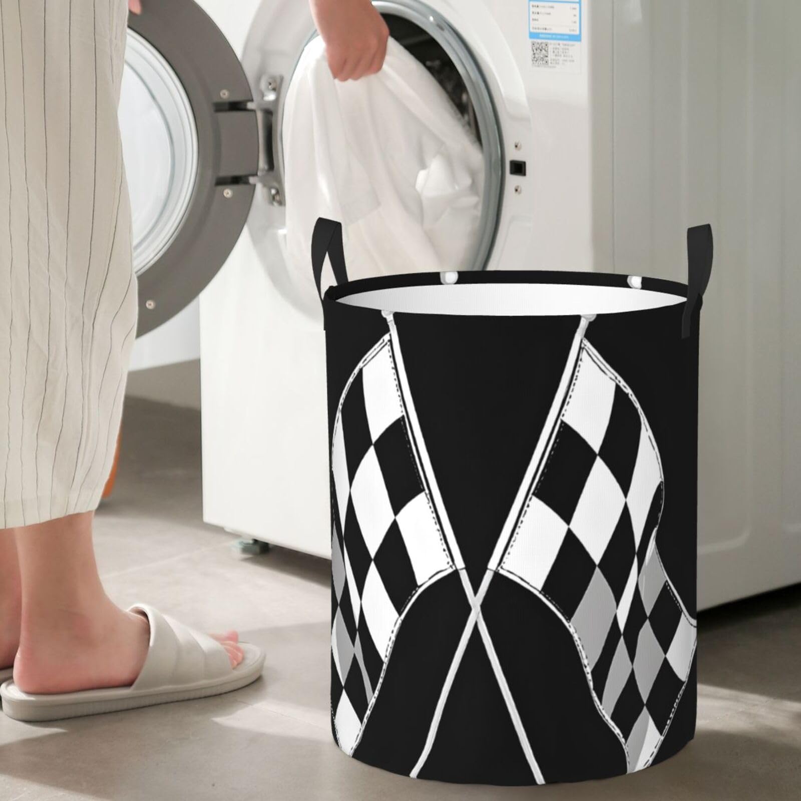 Black White Formula Checkered Flags Pattern Printed Circular Hamper Laundry Basket For Bathroom Toy Storage Organizer Basket Collapsible Round With Handles Laundry Hamper