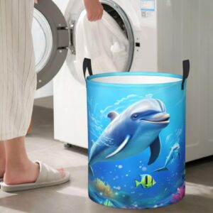 Cute Dolphin Printed Circular Hamper Laundry Basket For Bathroom Toy Storage Organizer Basket Collapsible Round With Handles Laundry Hamper