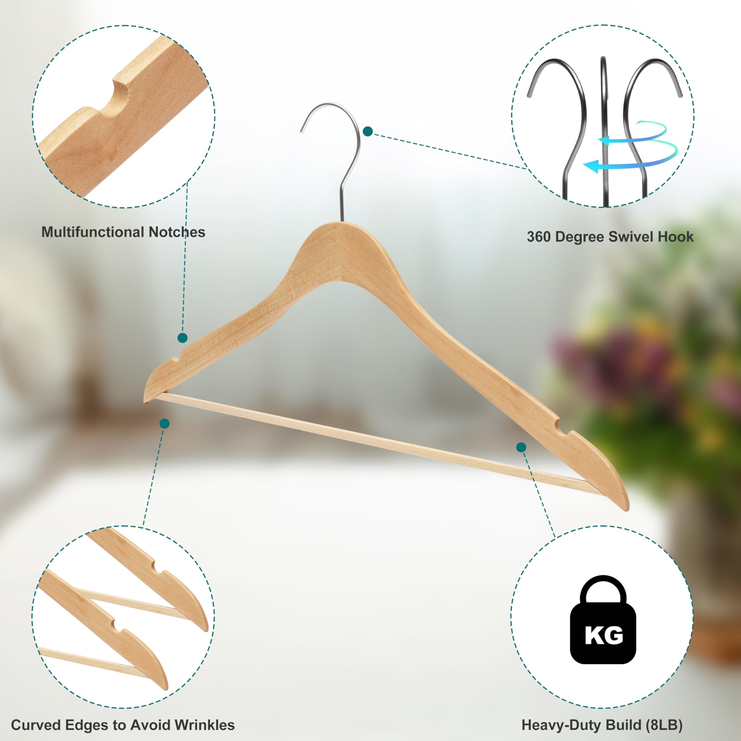 Quality Hangers 16.5" Wooden Hangers Multi Pack, Ultra Thin Space Saving Natural, 360 Degree Swivel Hook, Best for Shirts, Blouses, Pant, Suit, Coat, Dress Hangers Natural (20, Natural, With Pant Bar)