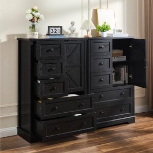 SOOWERY Black Dresser for Bedroom, 5 Drawers Farmhouse Wood Dresser with Double Storage Cabinet, 48 Inches Tall Dresser for Bedroom, Hallway