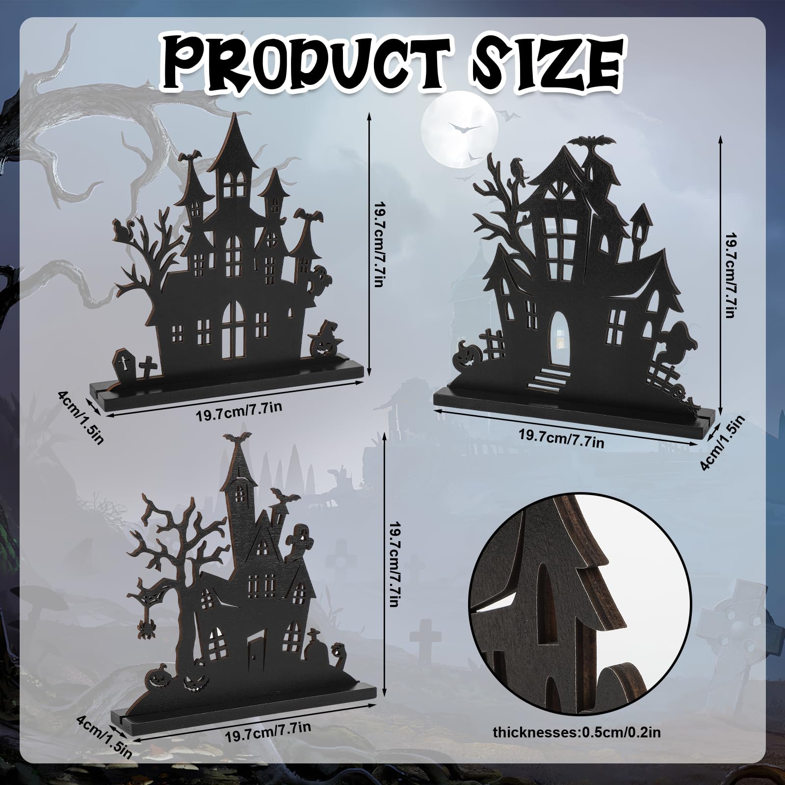 3Pcs Halloween Wooden Tabletop Centerpiece Decorations,Wooden Double-Sided Printing Silhouette Sketch Ghost House Decoration Ornaments,Halloween Desk Tiered Tray Decor for Indoor Home Kitchen Party