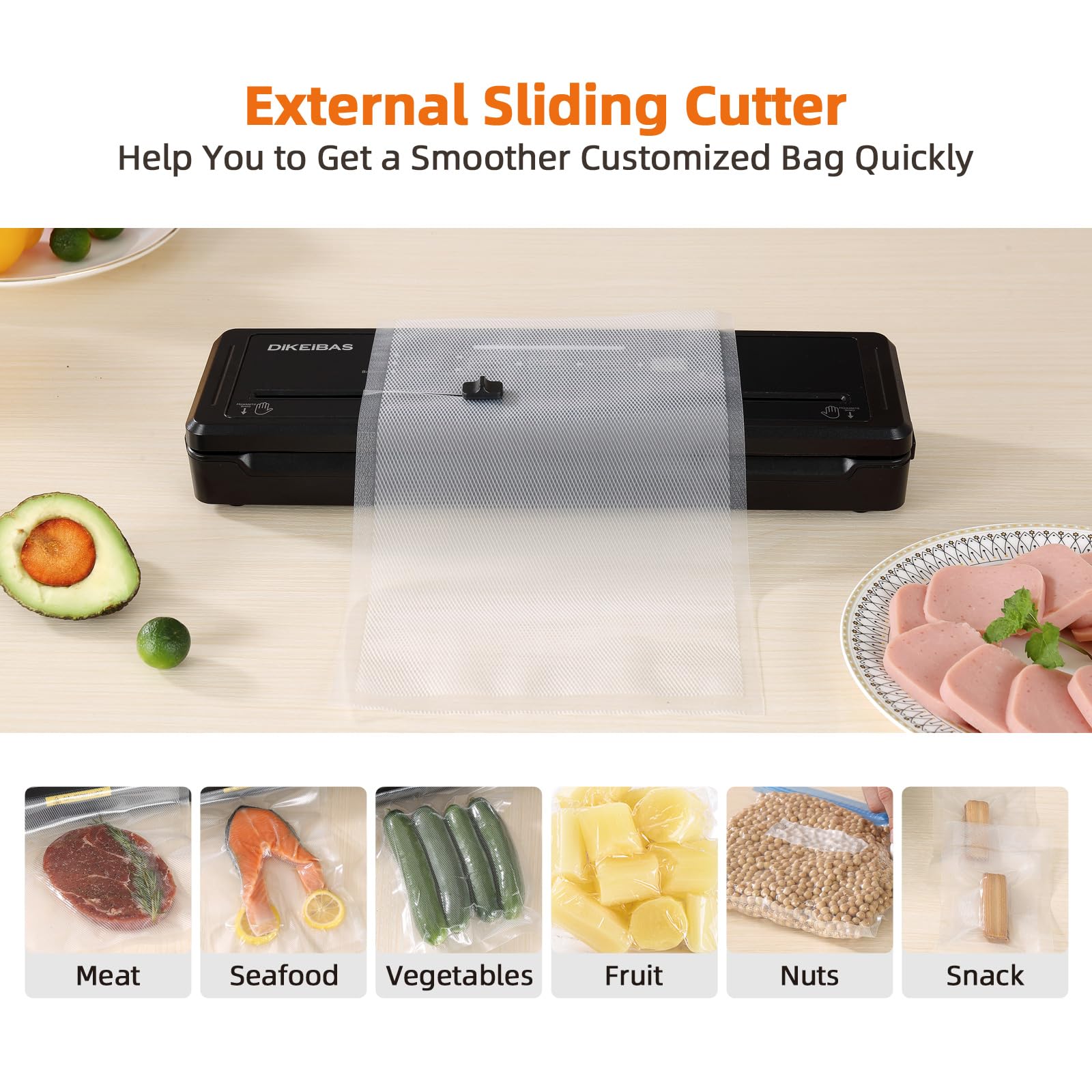 DIKEIBAS Vacuum Sealer Machine | Powerful 85kPa Suction | Bags and Cutter Included | Compact One-Touch Automatic Food Sealer with External Vacuum System | Preserve Freshness, Prevent Freezer Burn