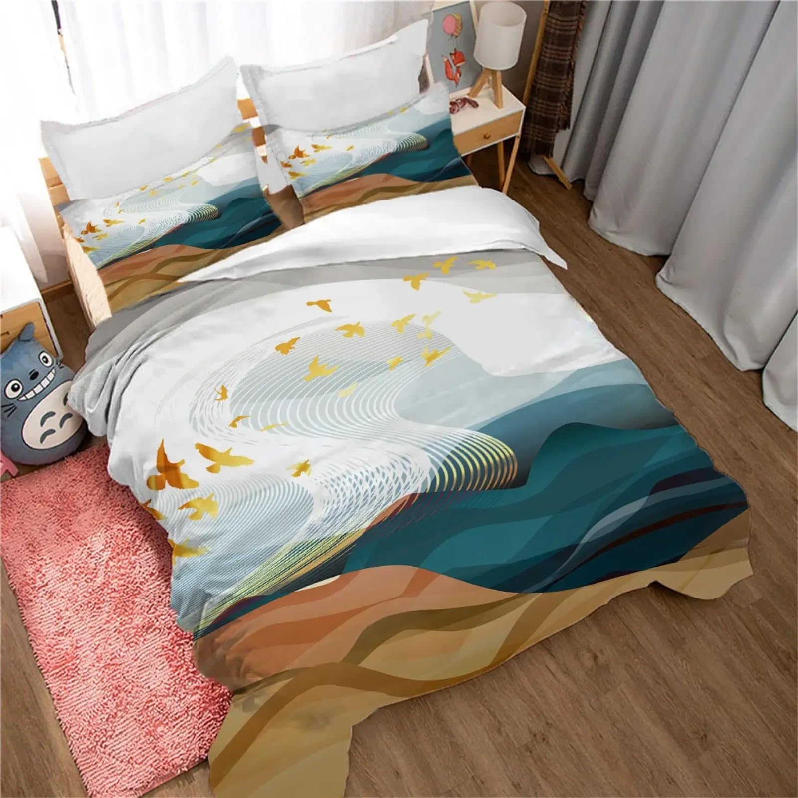 OAFUUU Luxury 3D Bedding Set Blue Abstract Waves Double Duvet Cover Set Bed Linen Comfortable Quilt Cover Bed 140x200cm(55x79in) Threepieceset