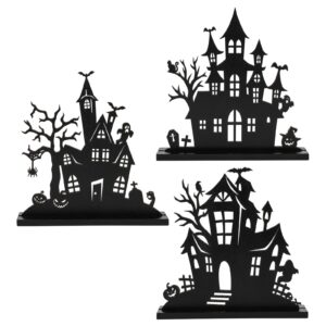 3pcs halloween wooden tabletop centerpiece decorations,wooden double-sided printing silhouette sketch ghost house decoration ornaments,halloween desk tiered tray decor for indoor home kitchen party