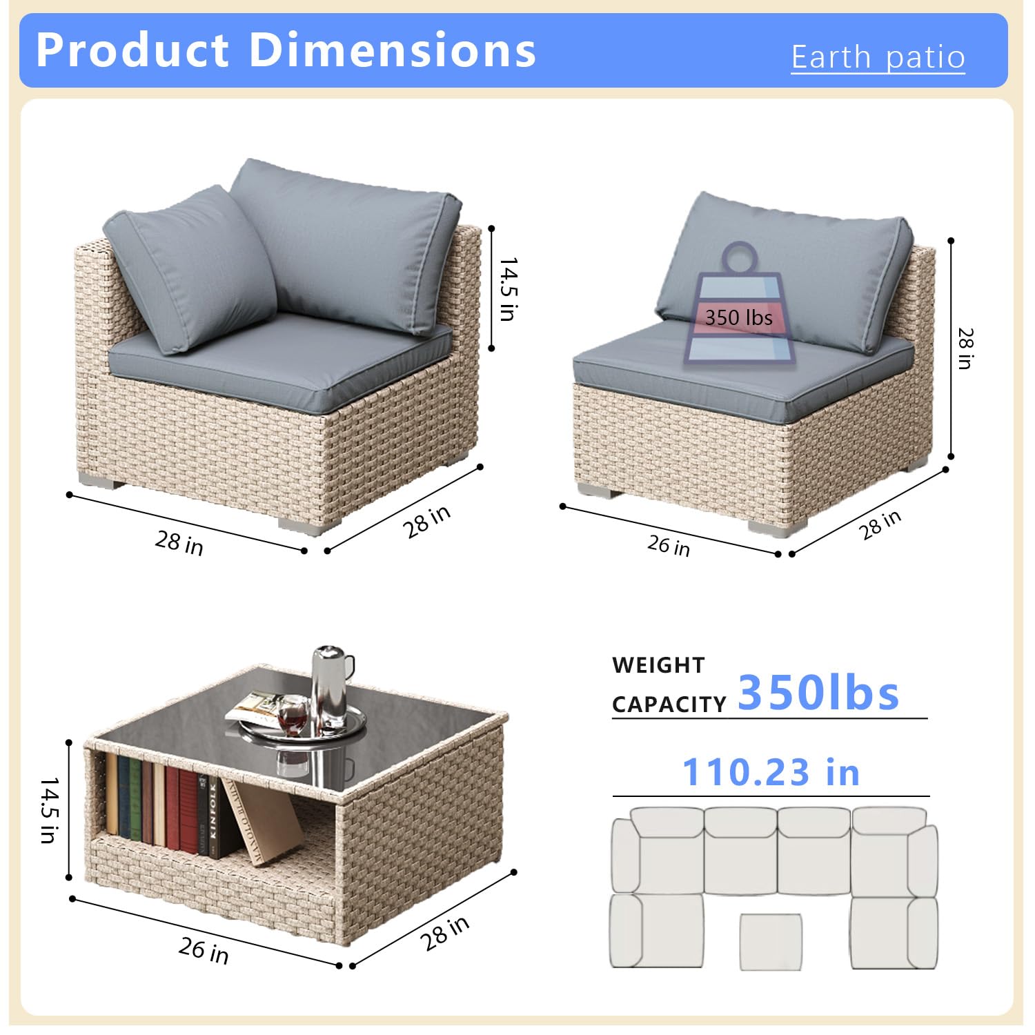 8-Piece Wicker Patio Furniture Set, Outdoor Conversation Set Sectional Sofa with Water Resistant Thick Cushions and Coffee Table, Grey