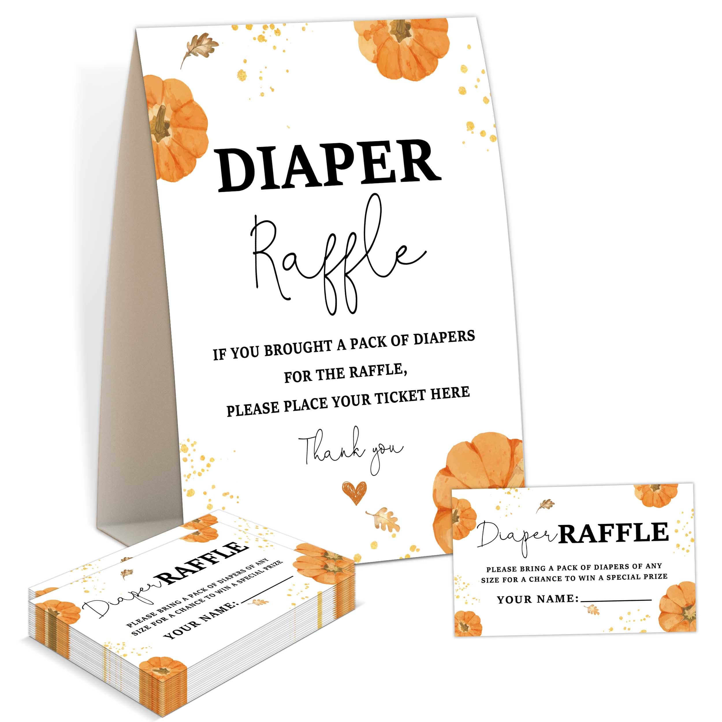 Baby Shower Games - Little Pumpkin Diaper Raffle, 1 Sign and 50 Diaper Raffle Tickets, Gender Reveal Game, Fall Baby Shower Decoration Supplies (RNB05)