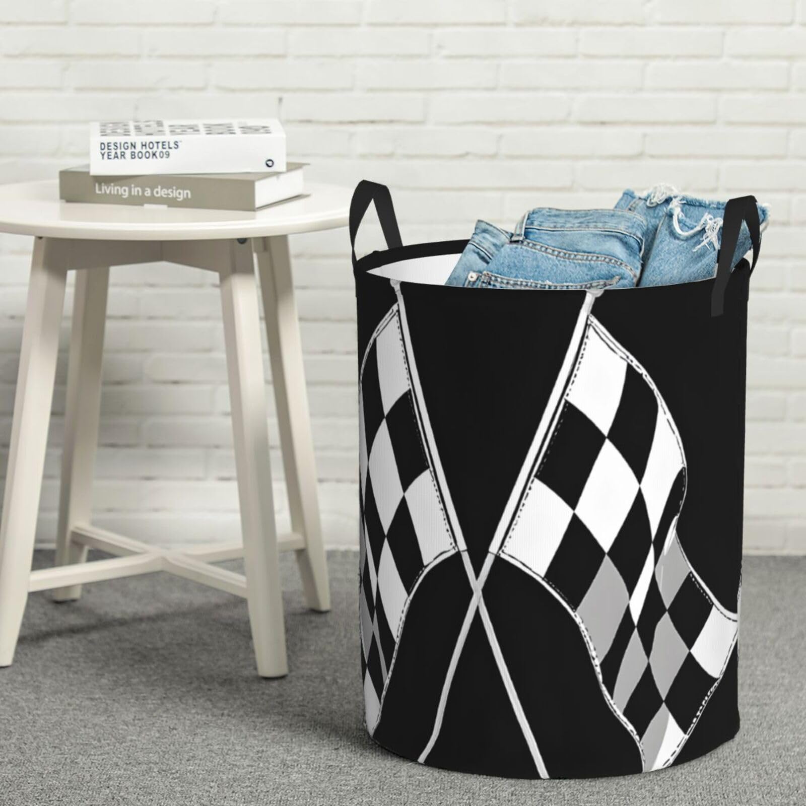 Black White Formula Checkered Flags Pattern Printed Circular Hamper Laundry Basket For Bathroom Toy Storage Organizer Basket Collapsible Round With Handles Laundry Hamper