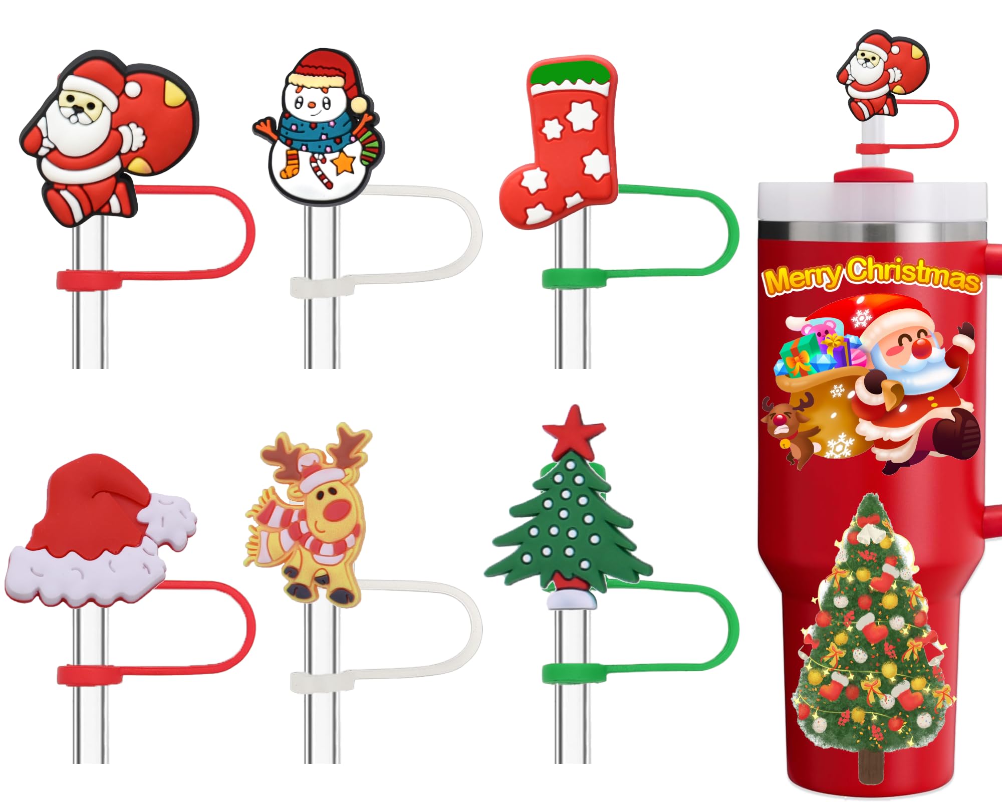 Amreich Christmas Straw Toppers for Stanley Cup 30 40 Oz Tumblers - 6PCs Silione Straw Cover Cap Reusable 10mm Straw Accessories Xmas Gift for Stanley Cup Owner