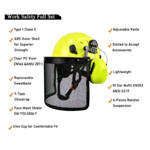 CAARLA Industrial Safety Helmet C+E Forestry Industrial Safety Helmet with Mesh Face Shield Earmuffs Chainsaw Cutting Woodworking ANSI Hard Hat Logger Work Caps(Yellow GR1 Mesh)