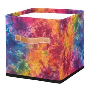 mozaigos 11 inch fabric storage cube with handles, rainbow tie dye collapsible storage basket for shelves, square storage bin canvas closet organizer for decor