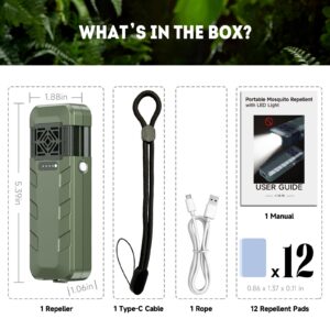 Frogoom Portable Mosquito Repeller Electric Flashlight 329°F Heating 20-Hour 30 FT Zone of Protection Rechargeable Mosquito Repellent Outdoor Patios Camping Hiking with 12 Mosquito Repellent Refills