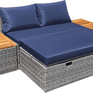 Devoko Patio Day Bed Outdoor Daybed Set Multifunctional Rattan Lounge Bed with 2 Side Tables for Backyard Porch Poolside Lawn Beach (Navy Blue)