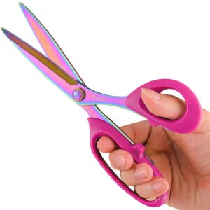 fabric scissors for cutting clothes - 9" professional titanium coated forged stainless steel heavy duty sharp scissors for sewing crafting dressmaking,leather,paper (purple pink)