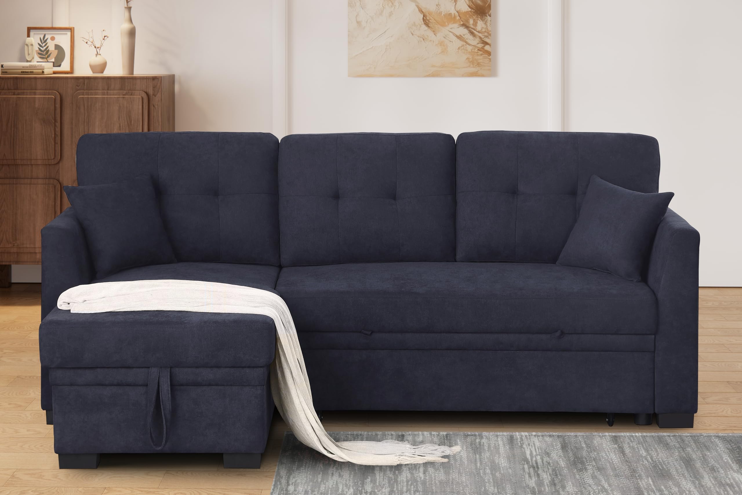 YOPTO 81.5" Sectional Sleeper Sofa Bed,Convertible L Shaped Pull Out Couch with Storage Chaise & Pillow,Woven Upholstered Loveseat W/Removable Back Cushion for Living Room,Apartment,Office,Dark Blue