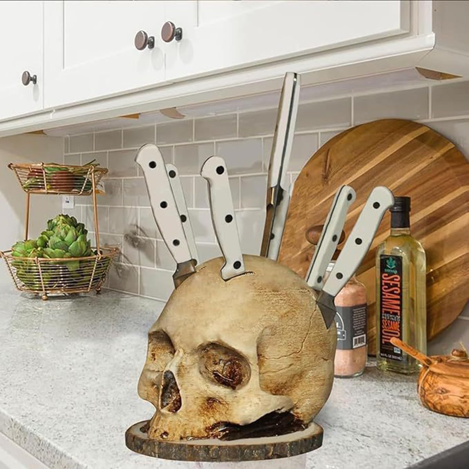 Large Skull Knife Holder For Kitchen Storage,Resin Skull Knife Stand,Horror Kitchen Storage Head Rack Kitchen,Head Shape Knife Holder,Halloween Skull Ornaments Gifts,6.89 * 9.06In