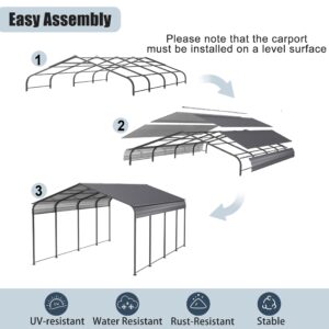 Metal Carport 12 x 20 FT Heavy Duty Outdoor Steel Large Rv Car Ports Canopy with Galvanized Metal Roof and Enhanced Base, Outdoor Garage Car Shelter for Cars, Boats, Trucks, Tractors, Gray