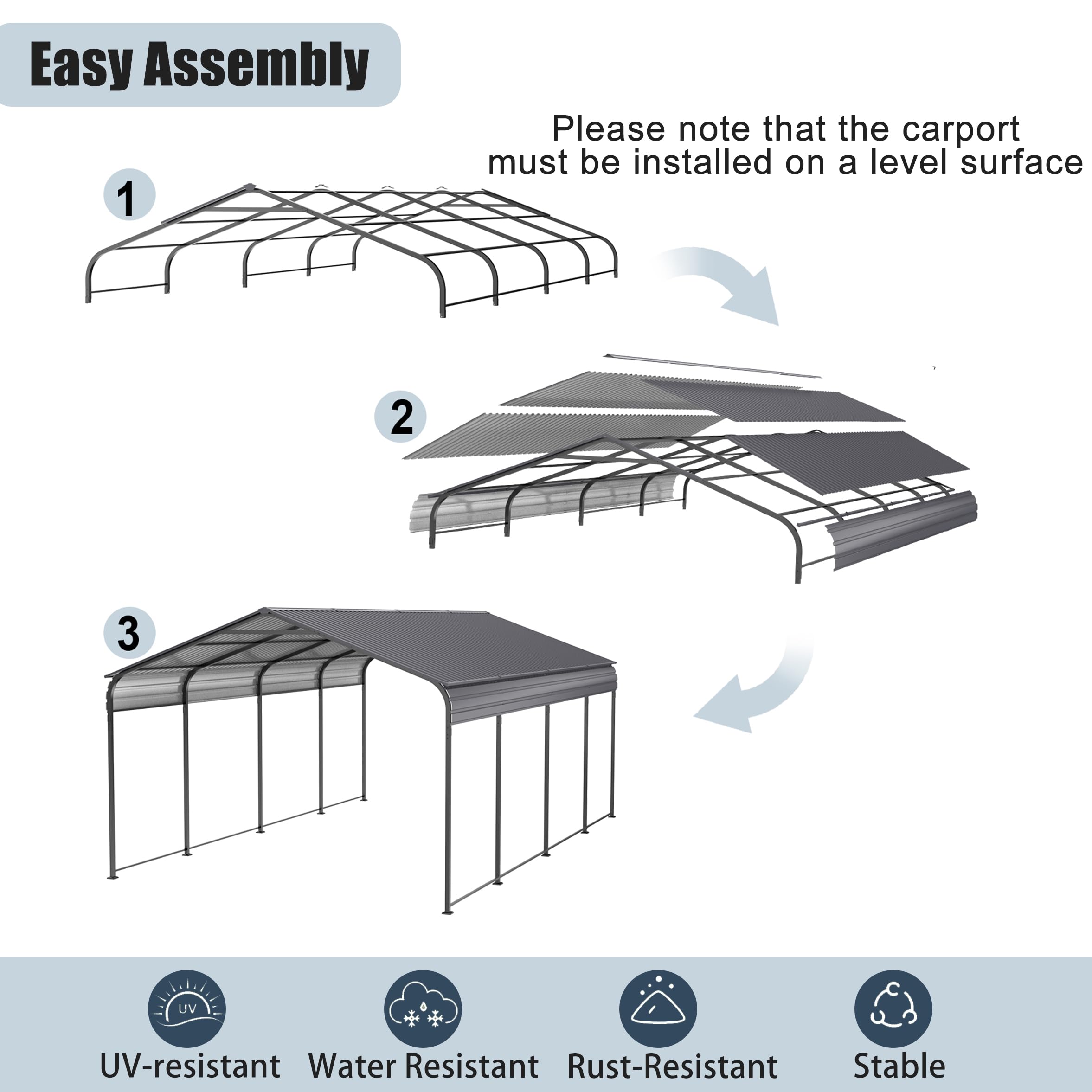 Metal Carport 12 x 20 FT Heavy Duty Outdoor Steel Large Rv Car Ports Canopy with Galvanized Metal Roof and Enhanced Base, Outdoor Garage Car Shelter for Cars, Boats, Trucks, Tractors, Gray