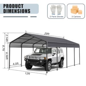 Metal Carport 12 x 20 FT Heavy Duty Outdoor Steel Large Rv Car Ports Canopy with Galvanized Metal Roof and Enhanced Base, Outdoor Garage Car Shelter for Cars, Boats, Trucks, Tractors, Gray