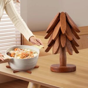 Vertdens Wooden Trivets for Hot Dishes， Tree Shape Trivet Set，Hot Dish Coaster with Tree-Shaped Wood Collapsible Hot Pad Trivet Tree for Restaurant，4 Wooden Trivet + 1 Stand（Walnut Wood）