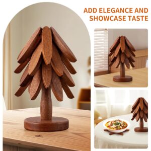 Vertdens Wooden Trivets for Hot Dishes， Tree Shape Trivet Set，Hot Dish Coaster with Tree-Shaped Wood Collapsible Hot Pad Trivet Tree for Restaurant，4 Wooden Trivet + 1 Stand（Walnut Wood）