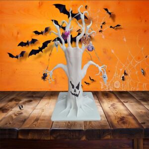 Halloween Tree Decorative Centerpiece with Spooky Ornaments, Halloween Lights with Skulls, Ghosts, Bats, Pumpkins, and Spiders at The top of The Tree, Suitable for Rooms, Tables, and Mantelpiece.