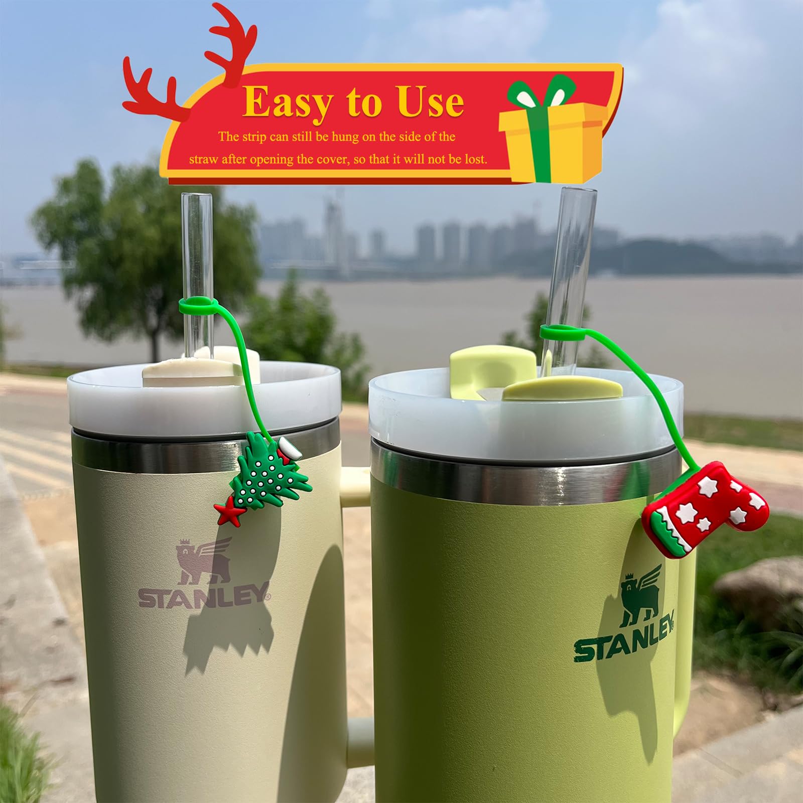 Amreich Christmas Straw Toppers for Stanley Cup 30 40 Oz Tumblers - 6PCs Silione Straw Cover Cap Reusable 10mm Straw Accessories Xmas Gift for Stanley Cup Owner