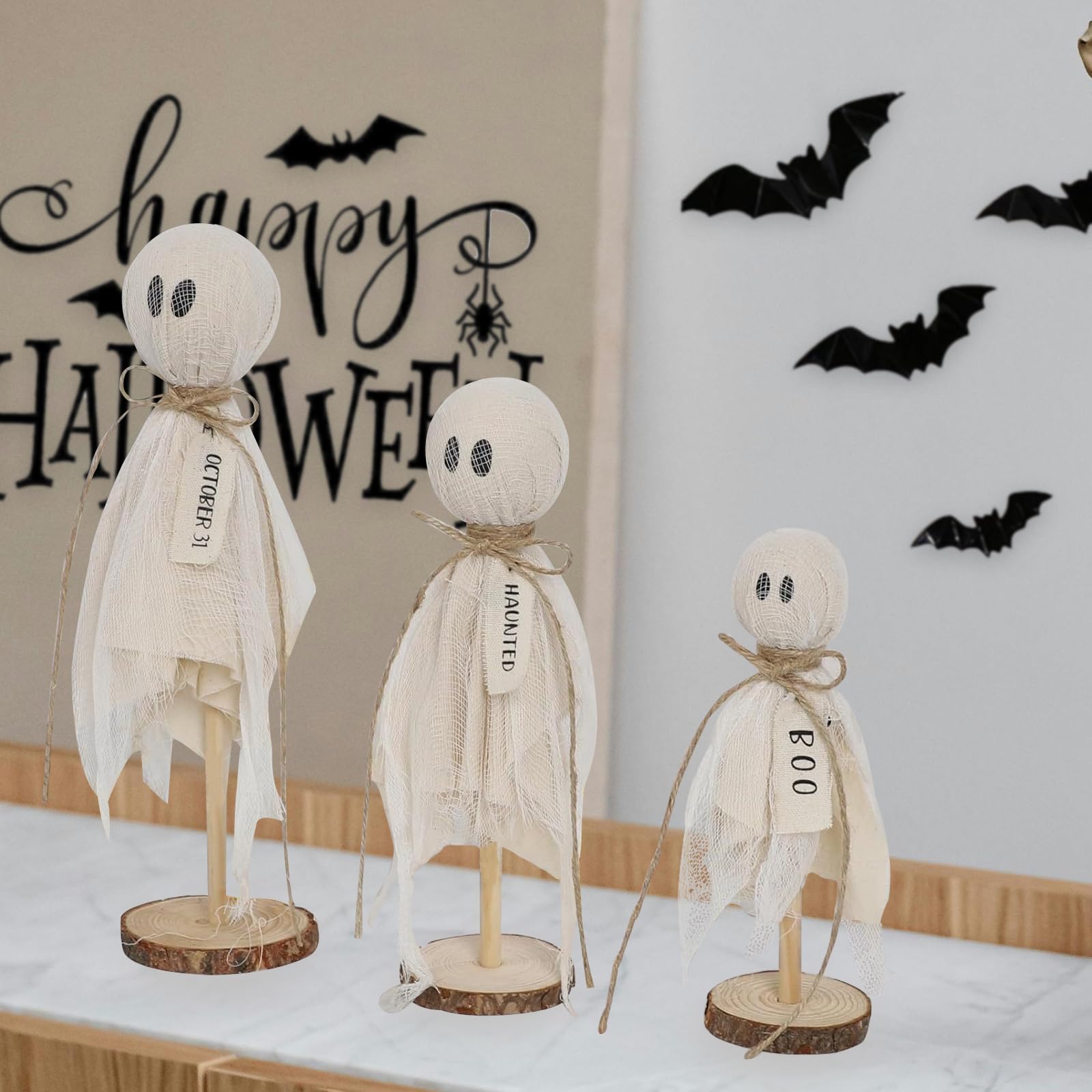 DNCHGOYA Halloween Ghost Decor Kit Table 3Pcs Halloween Ghosts on Wooden Stand for Table Centerpieces Halloween Party Decorations Spooky Ghost Crafts