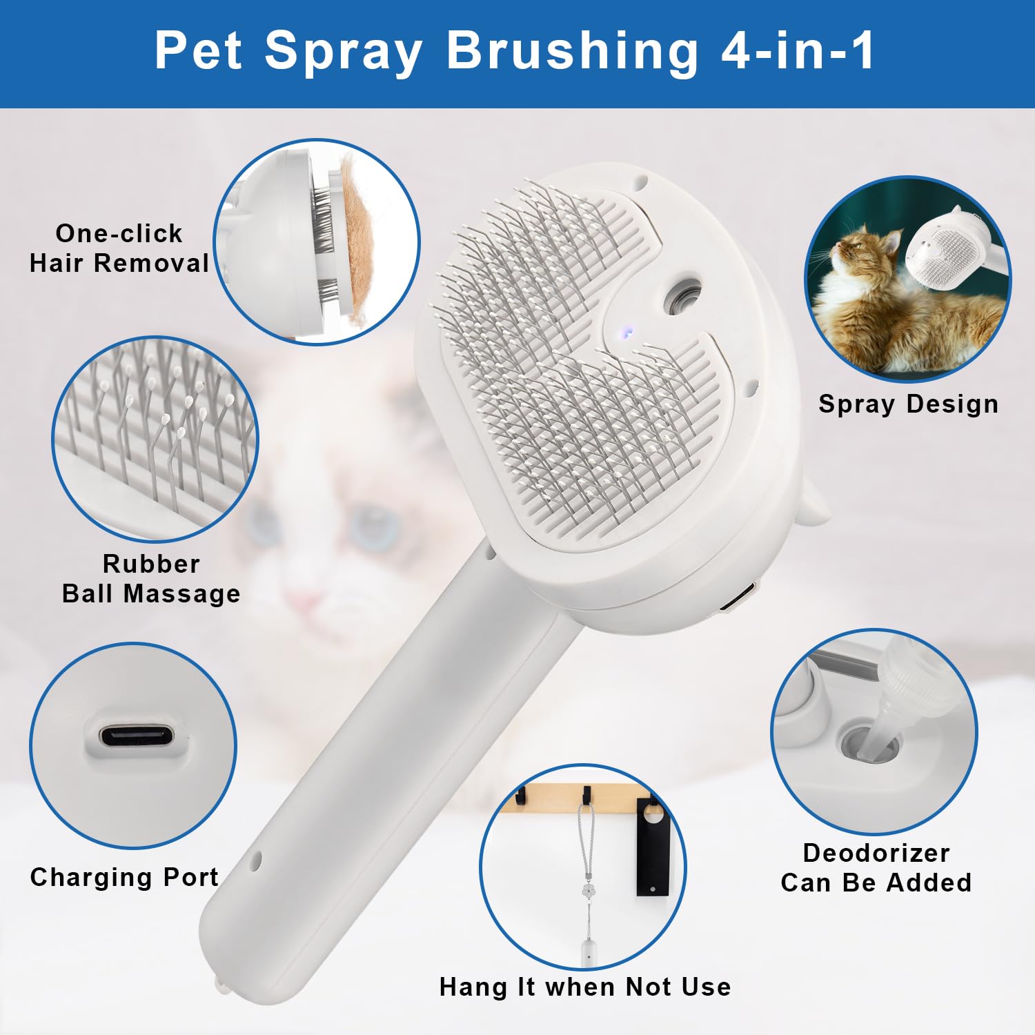 Pet Steam Hair Comb Brush for Shedding, 4 In 1 Spray Brush for Long & Short Haired Cat&Dog, Self-Cleaning Hair Remover with Water Tank And LED Blue Light, Release Button (White)